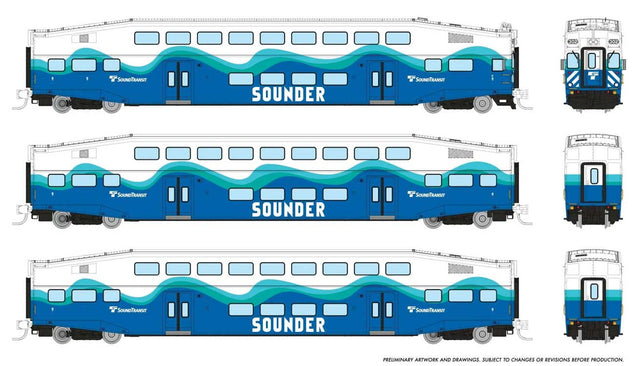 Bilevel Commuter Cab Car & 2 Coach Set - Ready to Run -- Sounder Set #1 #302, 404, 410 (white, blue, green)