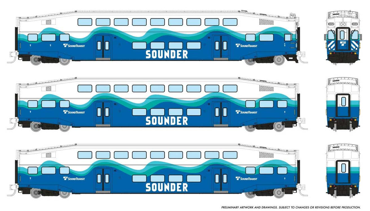 Bilevel Commuter Cab Car & 2 Coach Set - Ready to Run -- Sounder Set #2 #305, 402, 408 (white, blue, green)