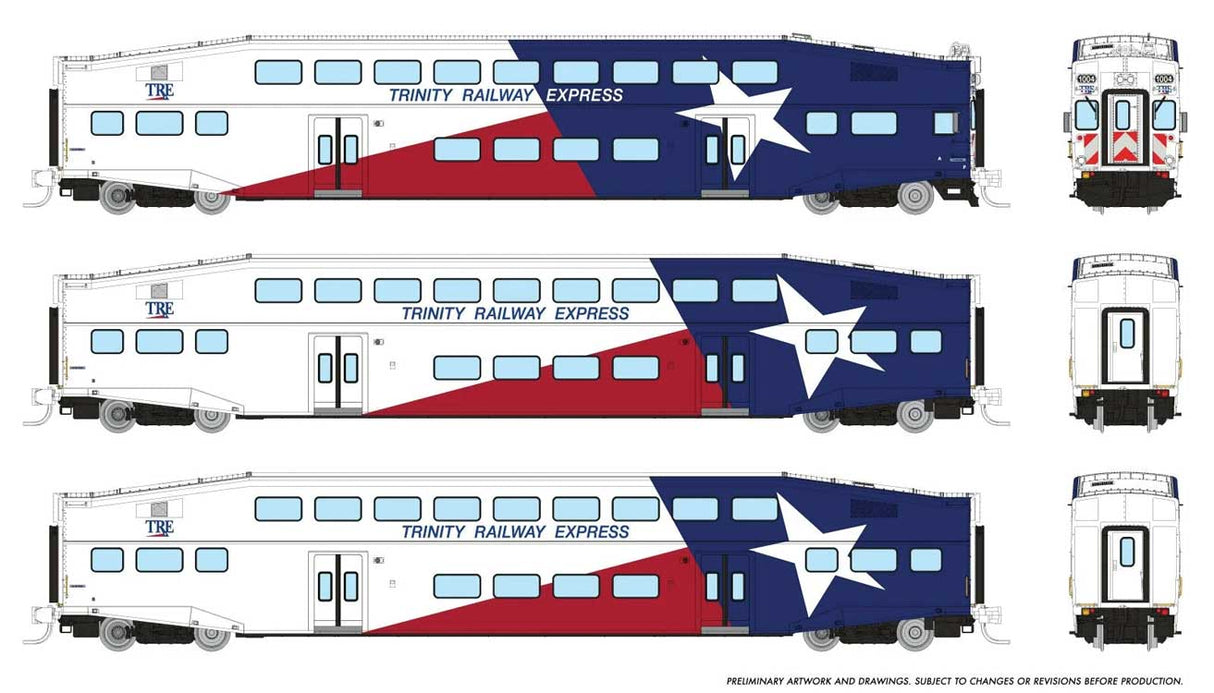 Bilevel Commuter Cab Car & 2 Coach Set - Ready to Run -- Trinity Rail Express Set #1 #1004, 1060 1063 (red, white, blue)