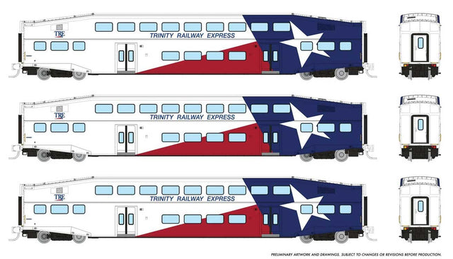 Bilevel Commuter Coach 3-Pack - Ready to Run -- Trinity Rail Express #1050, 1053, 1058 (red, white, blue)