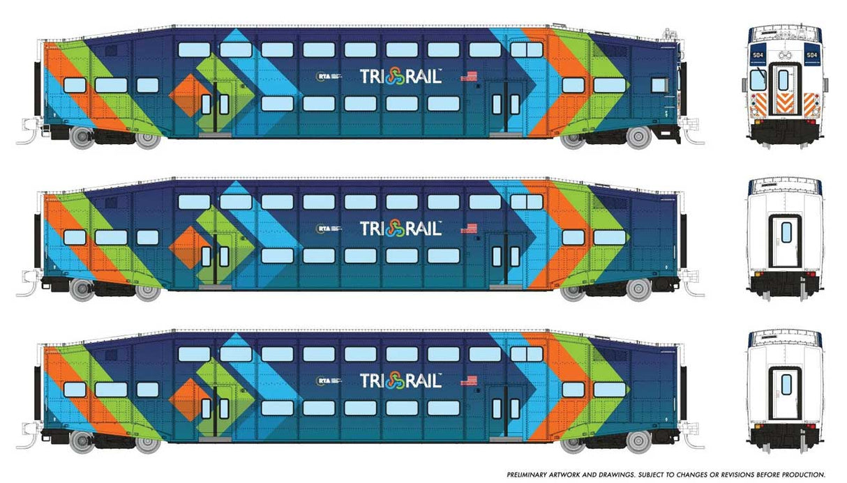 Bilevel Commuter Cab Car & 2 Coach Set - Ready to Run -- TriRail Set #1 #501, 1004, 1009 (dark blue, light blue, orange, green)