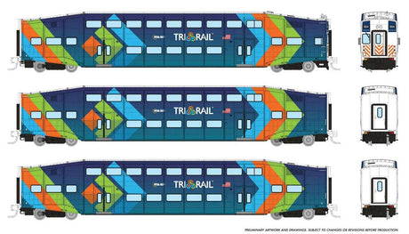 Bilevel Commuter Cab Car & 2 Coach Set - Ready to Run -- TriRail Set #1 #501, 1004, 1009 (dark blue, light blue, orange, green)