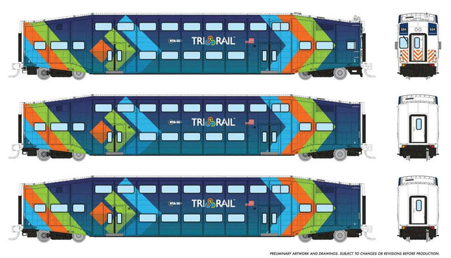 Bilevel Commuter Cab Car & 2 Coach Set - Ready to Run -- TriRail Set #2 #504, 1007, 1010 (dark blue, light blue, orange, green)