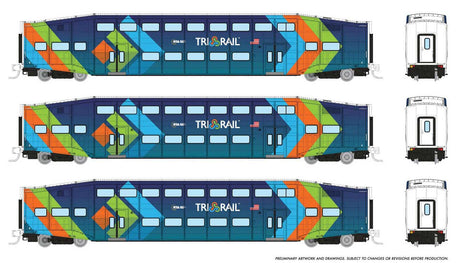 Bilevel Commuter Coach 3-Pack - Ready to Run -- TriRail #1001, 1006, 1012 (dark blue, light blue, orange, green)