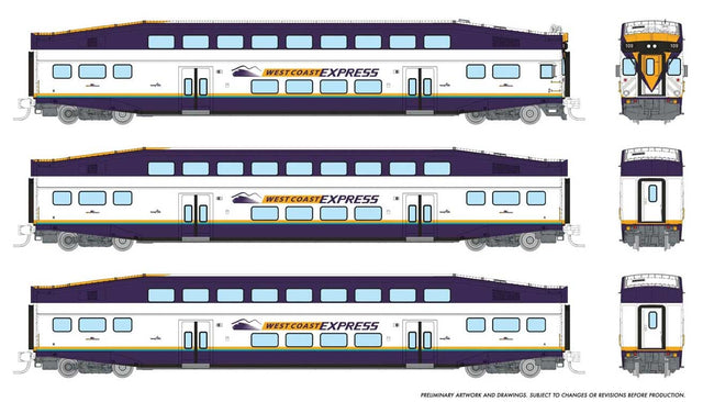 Bilevel Commuter Cab Car & 2 Coach Set - Ready to Run -- West Coast Express Set #1 #108, 304, 308 (white, blue, yellow)