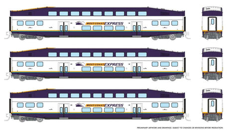 Bilevel Commuter Coach 3-Pack - Ready to Run -- West Coast Express #302, 303, 307 (white, blue, yellow)