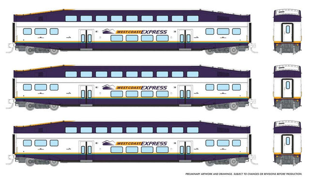 Bilevel Commuter Coach 3-Pack - Ready to Run -- West Coast Express #302, 303, 307 (white, blue, yellow)