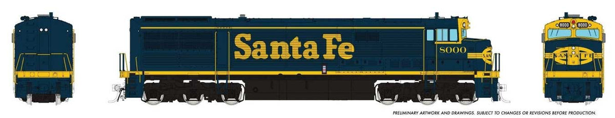 GE U30CG No Steam Generator - Standard DC -- Santa Fe #8000 (Bookend, blue, yellow)