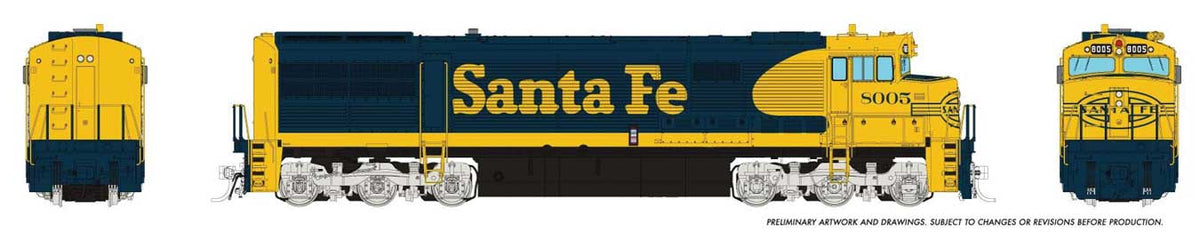 GE U30CG No Steam Generator - Standard DC -- Santa Fe #8005 (Warbonnet, blue, yellow, Large Logo)