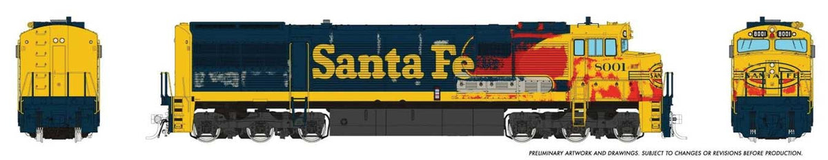 GE U30CG No Steam Generator - Standard DC -- Santa Fe #8001 (Weathered, Warbonnet, blue, yellow, Large Logo)