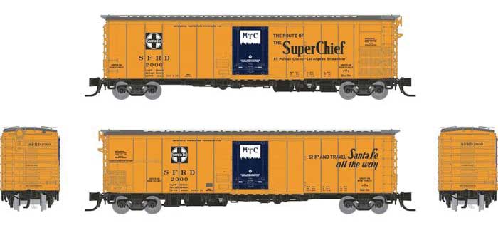 Class RR-56 Mechanical Reefer 4-Pack - Ready to Run -- Santa Fe (orange, blue, black, Super Chief Slogan)