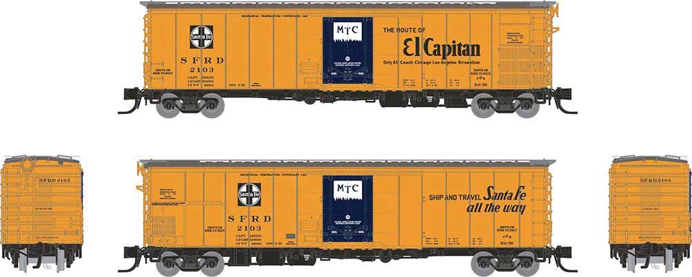 Class RR-56 Mechanical Reefer 4-Pack - Ready to Run -- Santa Fe (orange, blue, black, El Capitan Slogan)