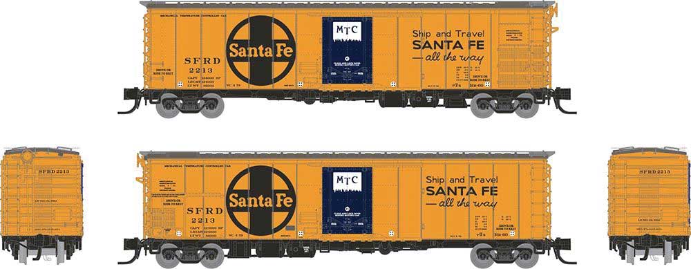 Class RR-60 Mechanical Reefer 4-Pack - Ready to Run -- Santa Fe #2 (orange, blue, black, Ship and Travel Slogan, Large Logo)