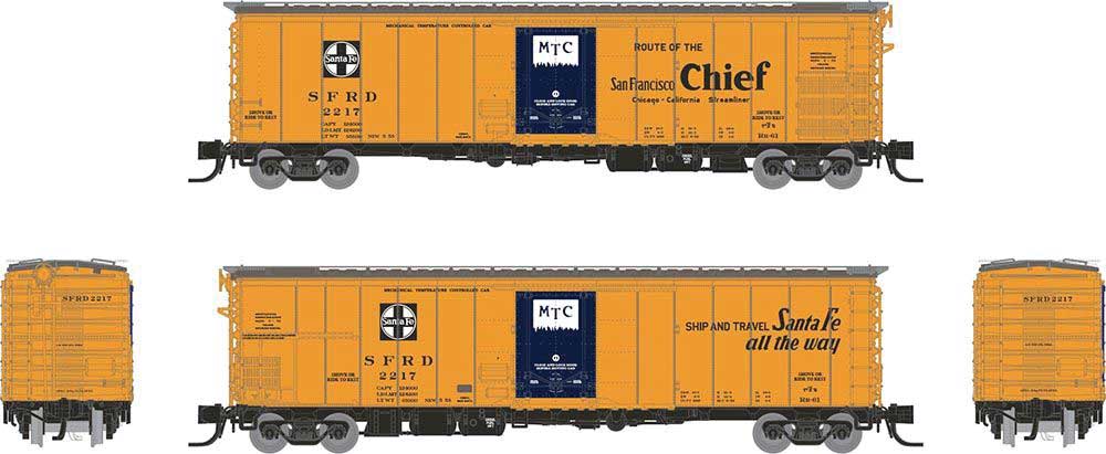 Class RR-61 Mechanical Reefer 4-Pack - Ready to Run -- Santa Fe #3 (orange, blue, black, San Francisco Chief Slogan)