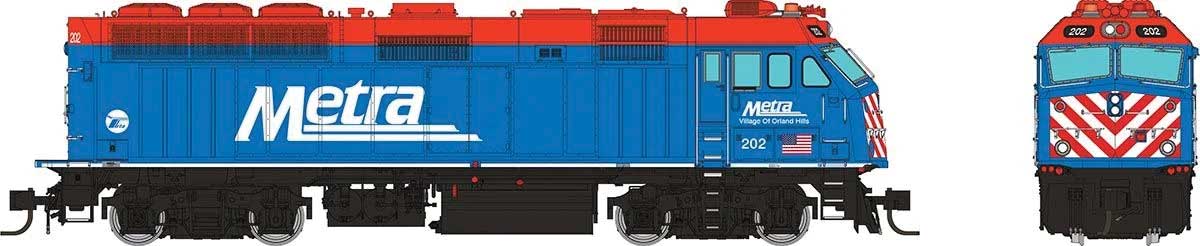 EMD F40PHM-2 - ESU LokSound V5 Sound and DCC -- Metra #202 Village of Orland Hills (blue, red, black, white)