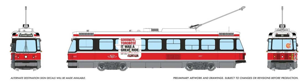 Canadian Light Rail Vehicle CLRV - Standard DC -- Toronto Transit Commission TTC #4057 (Late, red, white, Goodbye Toronto)