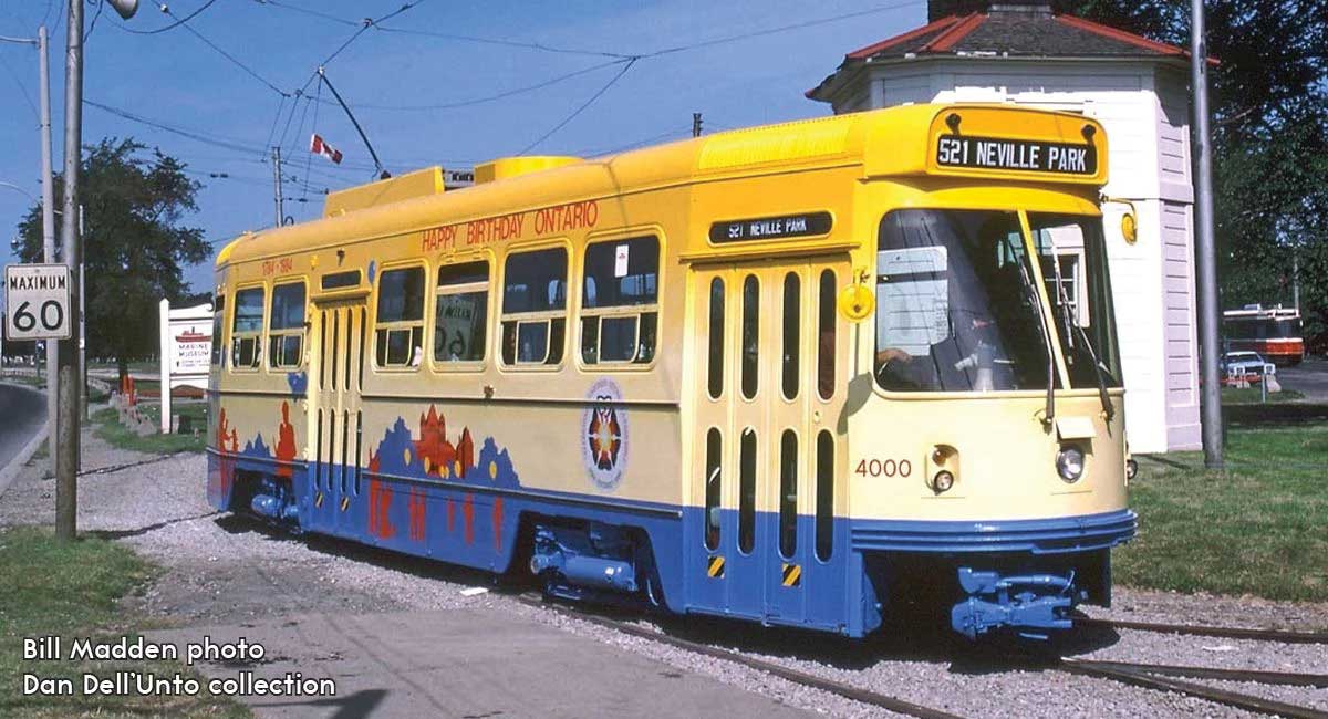Canadian Light Rail Vehicle CLRV - Standard DC -- Toronto Transit Commission TTC #4000 (Happy Birthday Ontario, white, yellow)