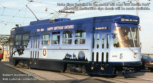 Canadian Light Rail Vehicle CLRV - Standard DC -- Toronto Transit Commission TTC #4005 (Happy Birthday Ontario, blue fade)