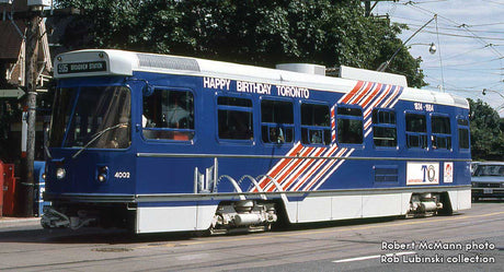 Canadian Light Rail Vehicle CLRV - Sound and DCC -- Toronto Transit Commission TTC #4002 (Happy Birthday Ontario, blue, red, whi
