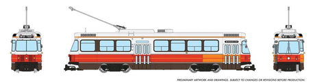 Canadian Light Rail Vehicle CLRV - Sound and DCC -- San Francisco MUNI (Fantasy Scheme, white, red, yellow, black)