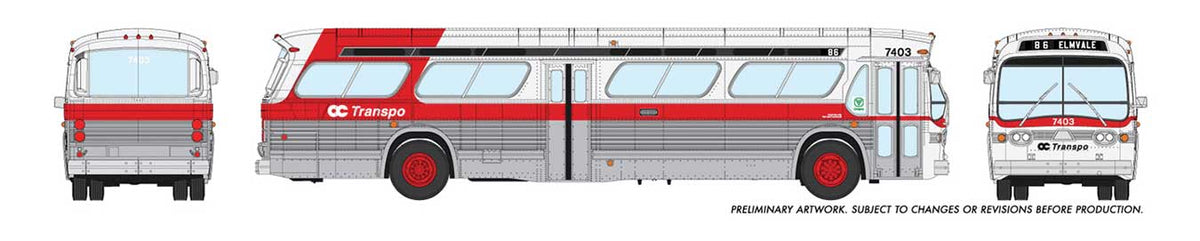 1960s-1986 GM New Look-Fishbowl Bus - Standard - Assembled -- OC Transpo 7349 (silver, red, white)
