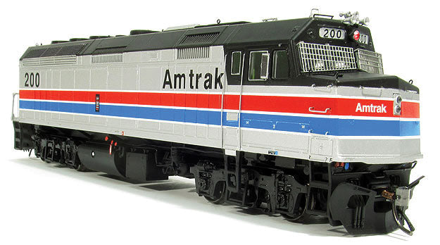 EMD F40PH w/LokSound & DCC -- Amtrak (No Number, Phase II; Platinum Mist, Wide Red & Blue Bands, black)