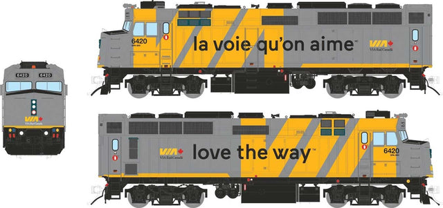 Via Rebuilt F40PH-2D - Standard DC -- VIA Rail Canada #6420 (Love The Way Wrap, gray, yellow)