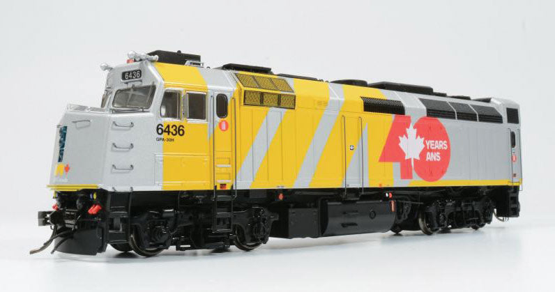 Via Rebuilt F40PH-2D - LokSound and DCC -- VIA Rail Canada 6436 (40th Anniversary Scheme, gray, yellow, red)