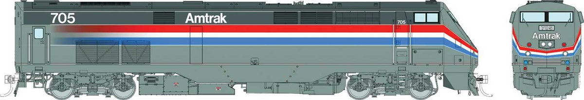 GE P32AC-DM - Standard DC -- Amtrak #705 (Phase III, silver, red, white, blue, gray)