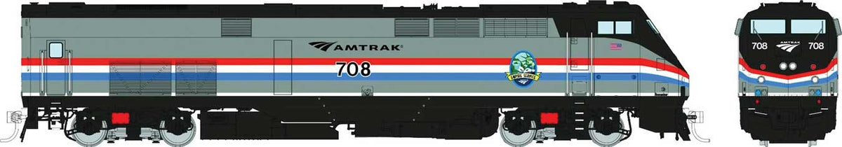 GE P32AC-DM - Standard DC -- Amtrak #708 (Phase III, silver, red, white, blue, black, Empire Service)