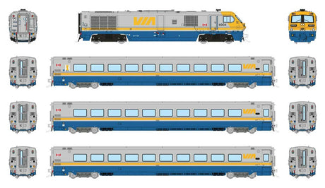 LRC Train-Only Set - Loco & 3-Cars - Sound and DCC -- VIA Rail Set #1 #6904, Cars #3458, 3313, 3345 (gray, blue, yellow)