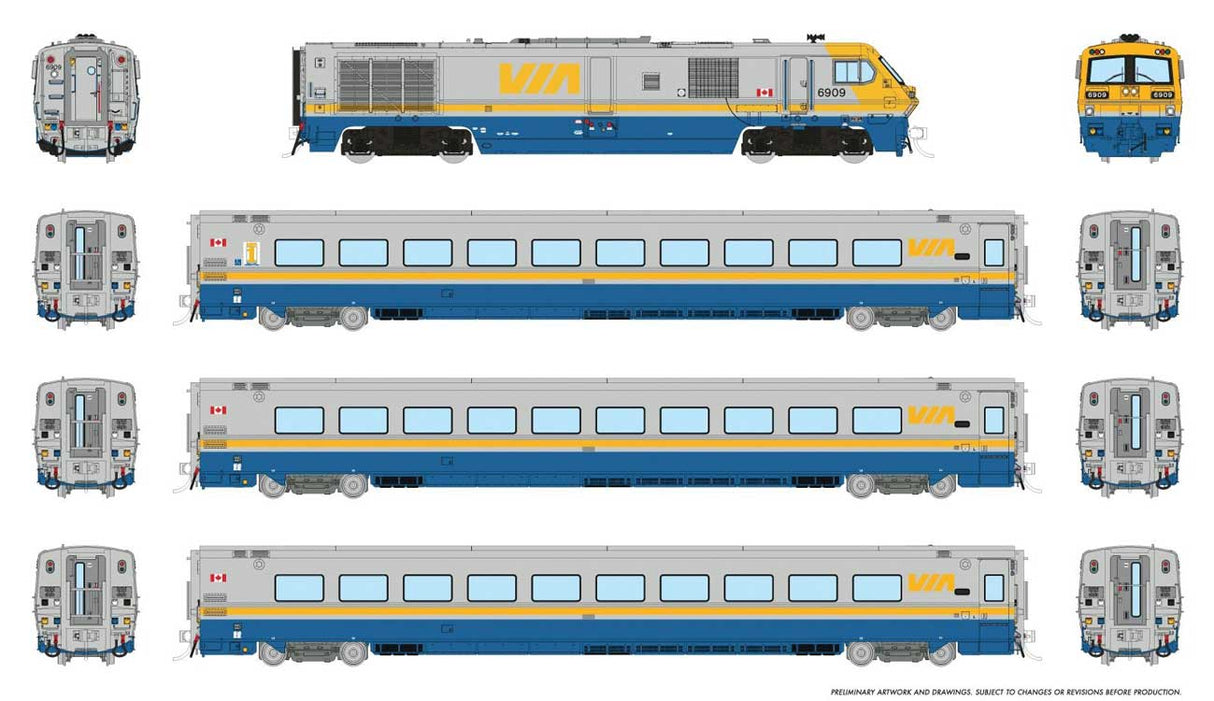 LRC Train-Only Set - Loco & 3-Cars - Sound and DCC -- VIA Rail Set #1 #6909, Cars #3470, 3326, 3350 (gray, blue, yellow)