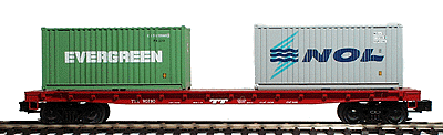 50' Flatcar w/Two 20' Box Containers 3-Rail w/Plastic Trucks -- Trailer Train (red)