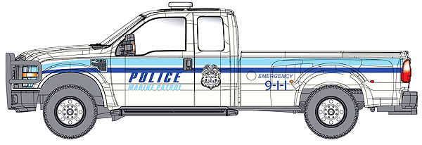 2008 Ford F-350 Super Duty 4X4 Dual Rear Wheels w/Super Cab & Long Box -- Police Marine Patrol (white, blue)