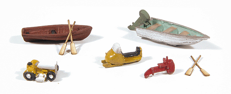 Recreational Detail Set -- 2 Boats w/Outboard Motors, 4 Oars, 1 Riding Lawnmower, 1 Snowmobile
