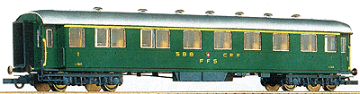Historic Train 1930 Cars Swiss Federal Railways (SBB) Era V -- 1st Class RIC Coach w/Barrel Roof (green, yellow w/silver roof) Matches 6301