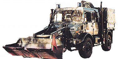 Mini-Tanks Military Modern German Border Guard (BGS) Light Trucks -- Unimog U1700 Recovery/Removal Unit w/Front End Loader Bucket