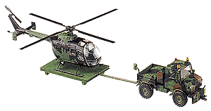 Mini-Tanks Military Modern German Army (BW) Heavy Trucks/Aircraft -- Unimog Aircraft Tractor w/Trailer & BO 105 Helicopter - Camouflage Paint