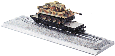 Mini-Tanks Military - Former German Army WWII - Railroad Equipment -- Ssy 4-Axle Heavy Flatcar w/Camouflaged Tiger "E" Tank in Display Box