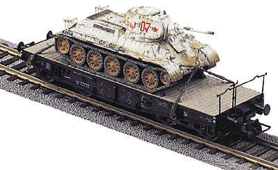 Mini-Tanks Military - Former German Army WWII - Railroad Equipment -- Ssy Heavy Flatcar w/Captured Soviet T34 Tank w/Handpainted Winter Camouflage