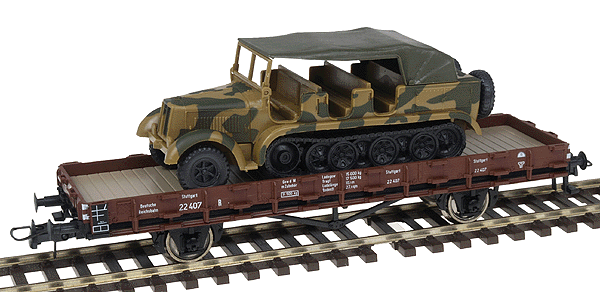 Mini-Tanks Military - Former German Army (WWII) - Railroad Equipment -- DRG R 10 Heavy Flatcar w/SdKfz 7 Half-Track Artillery Tractor (Camouflage)