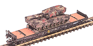 Mini-Tanks Military Modern German Army Railroad Equipment -- Samms Class Heavy-Duty Flatcar w/Camouflaged Leopard II Battle Tank Load