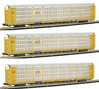 Bi-Level Auto Racks Assembled 3-Pack w/Micro Trains Trucks & Couplers -- CSX w/Emblem, TTGX Flat (1 Pair Open A End Doors)