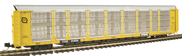Bi-Level Auto Racks Assembled 3-Pack w/Micro Trains Trucks & Couplers -- Florida East Coast (yellow; no anti-vandalism panels)