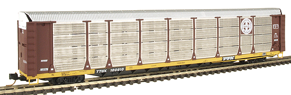 Bi-Level Auto Racks Assembled 3-Pack w/Micro Trains Trucks & Couplers -- BNSF (Mineral Brown body, yellow flat, no anti-vandalism panels)