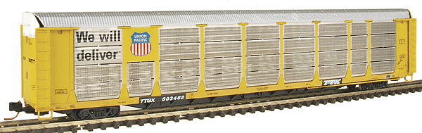 Bi-Level Auto Racks Assembled 3-Pack w/Micro Trains Trucks & Couplers -- Union Pacific "We Will Deliver" (yellow; no anti-vandalism panels)