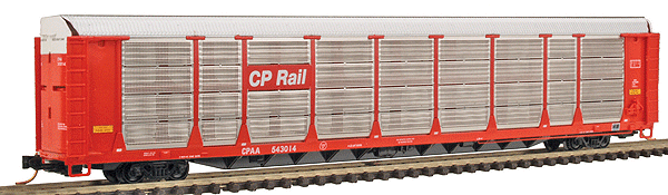 Bi-Level Auto Racks Assembled 3-Pack w/Micro Trains Trucks & Couplers -- Canadian Pacific (red; 1 Pair Open End Doors)