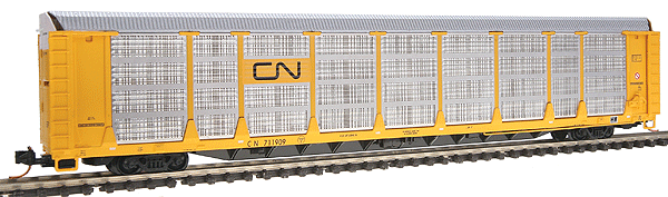 Bi-Level Auto Racks Assembled Single w/Micro Trains Trucks & Couplers -- Canadian National (yellow; w/1 Pair Open End Doors )