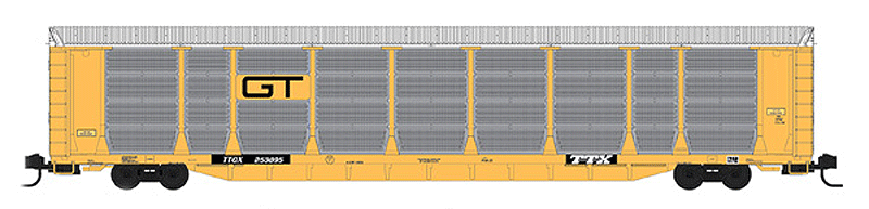Bi-Level Enclosed Auto Rack - Ready to Run -- Grand Trunk Western w/TTX Flat (yellow, silver Rack; yellow, black Flat)