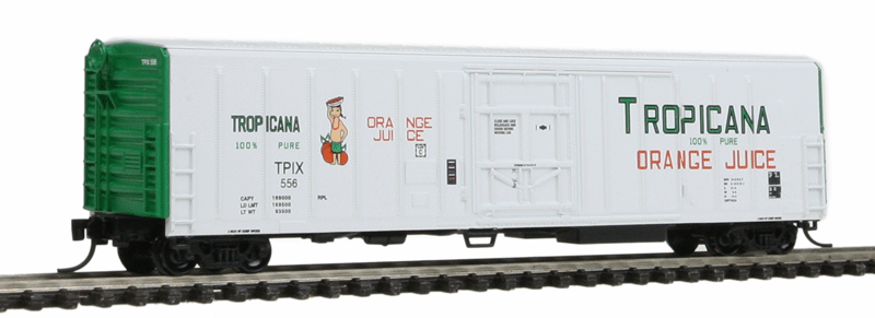 57' Mechanical Reefer - Ready to Run -- Tropicana Orange Juice (1979 Scheme, white, green Ends, 1 Figure Logo)